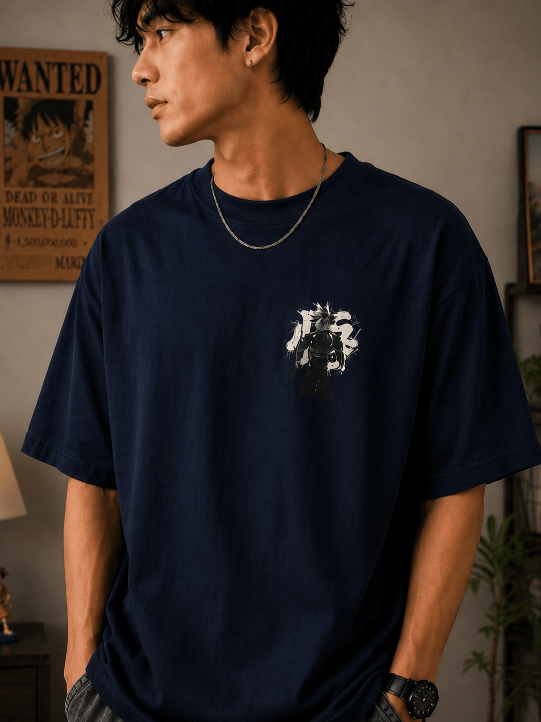 Anime Oversized T-Shirt | 245 GSM Premium Cotton | Navy Blue | Front & Back Print | Unisex