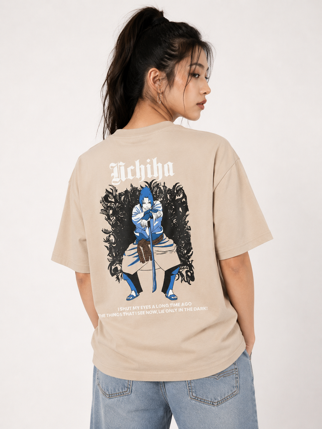 Sasuke Uchiha Oversized Anime Graphic T-Shirt – Beige