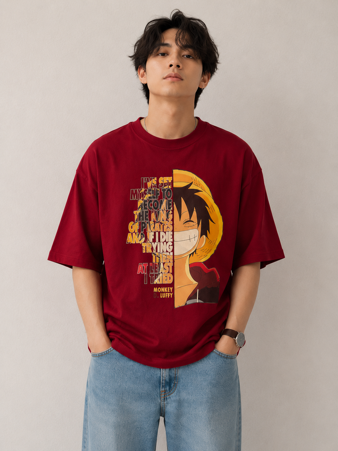Monkey D. Luffy Oversized Anime T-Shirt | 240 GSM Premium Cotton | Maroon