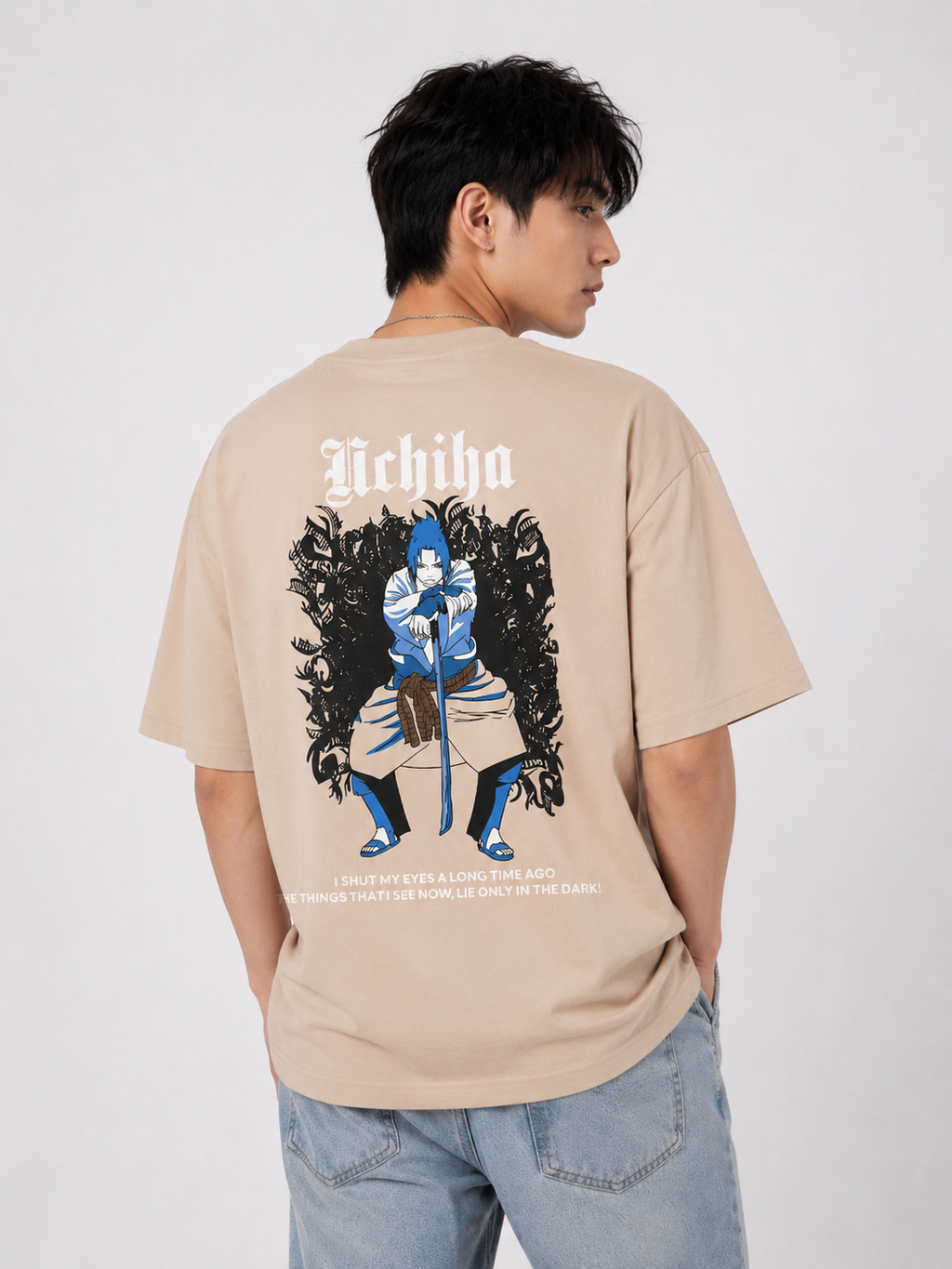 Sasuke Uchiha Oversized Anime Graphic T-Shirt – Beige