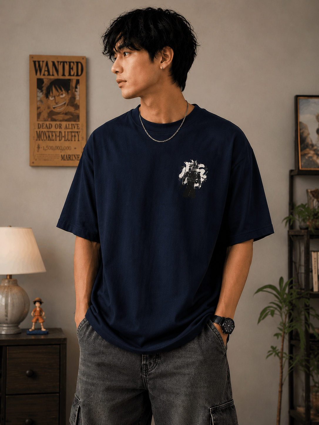 Anime Oversized T-Shirt | 245 GSM Premium Cotton | Navy Blue | Front & Back Print | Unisex