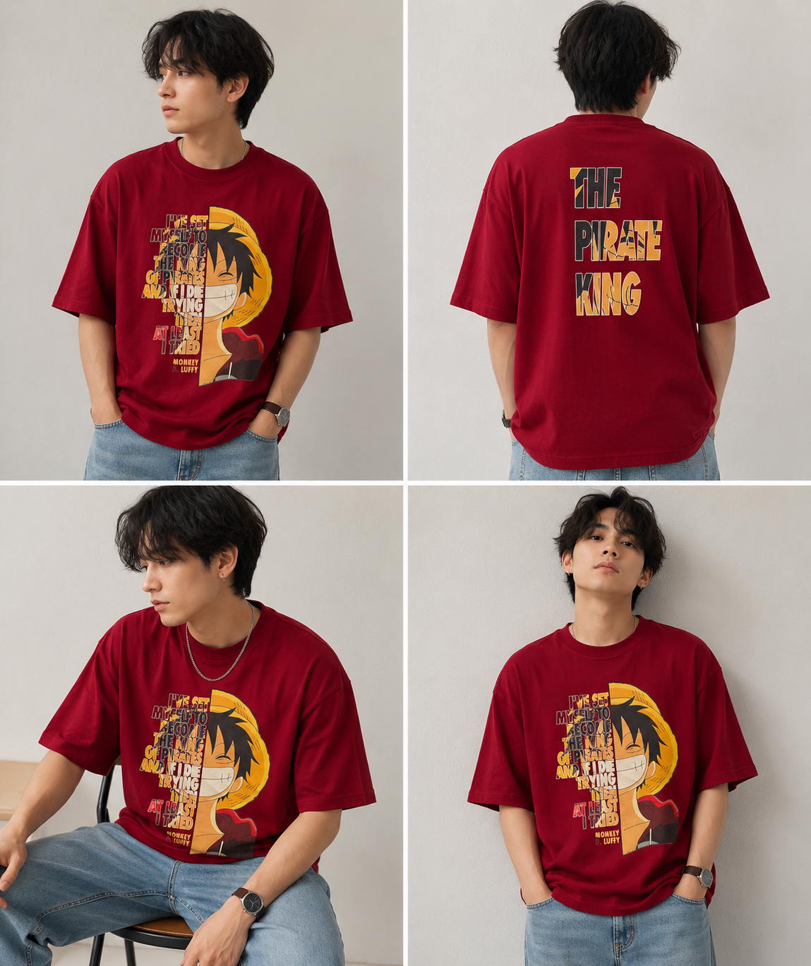Monkey D. Luffy Oversized Anime T-Shirt | 240 GSM Premium Cotton | Maroon