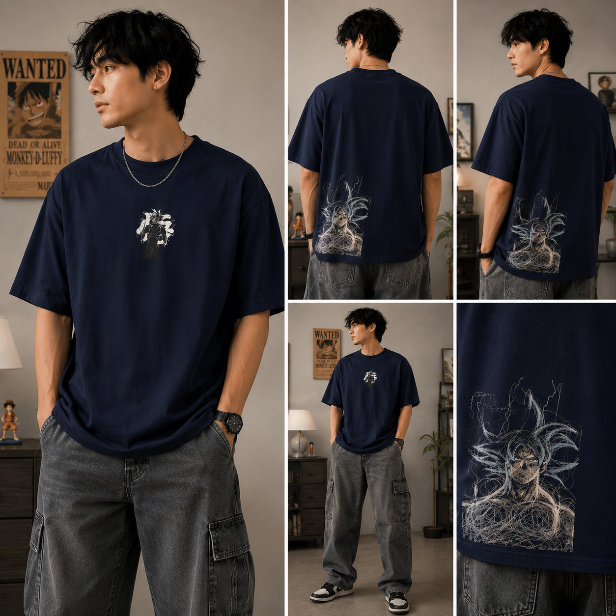Anime Oversized T-Shirt | 245 GSM Premium Cotton | Navy Blue | Front & Back Print | Unisex